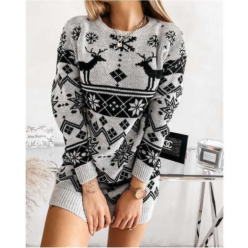 S4R-Elk Snowflake Christmas Jacquard Knitted Dress Long Knitted Sweaters