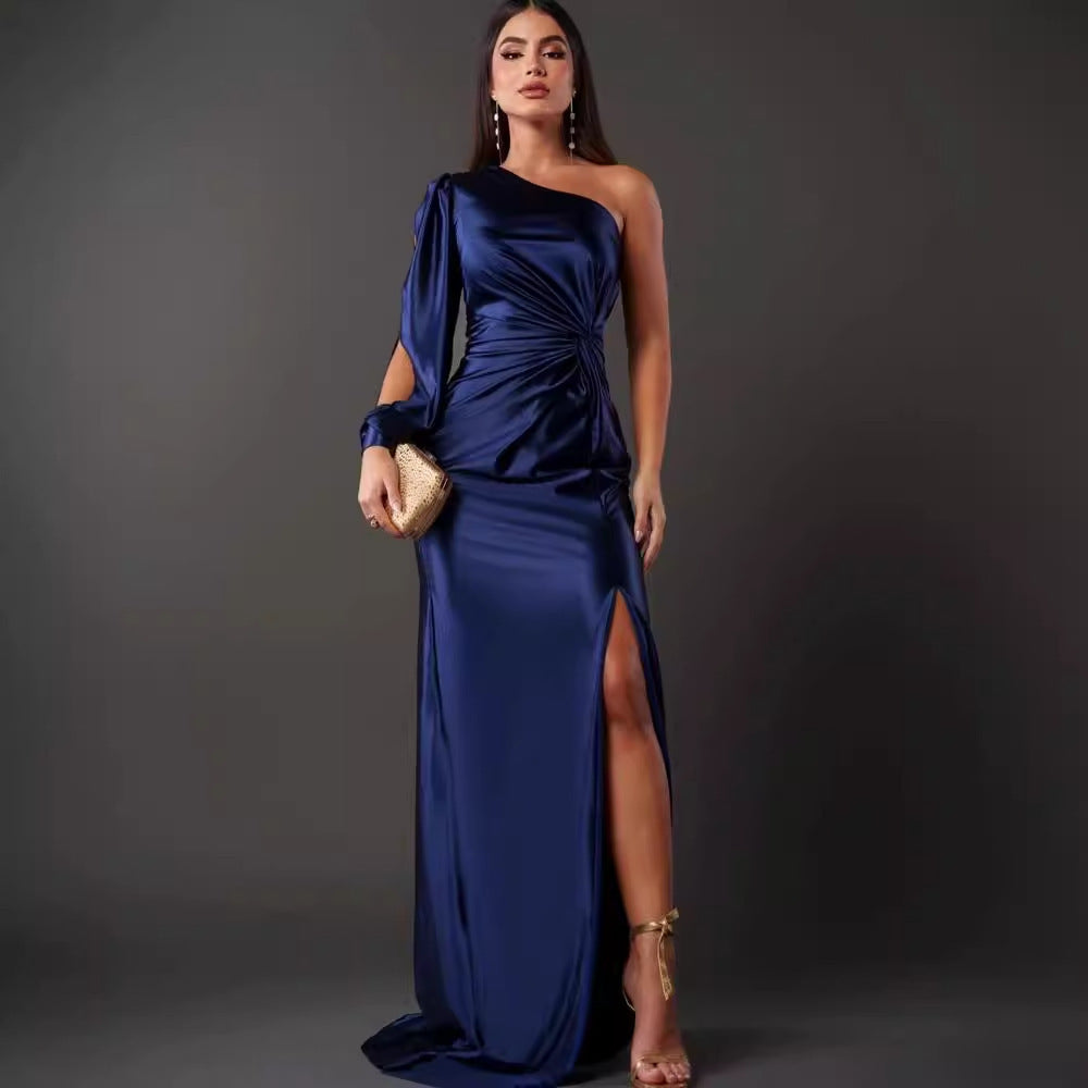 S4R-Women's One-shoulder Split Dress Ins Fashion Long-sleeved Slim Long Dresses Party Evening Clothing