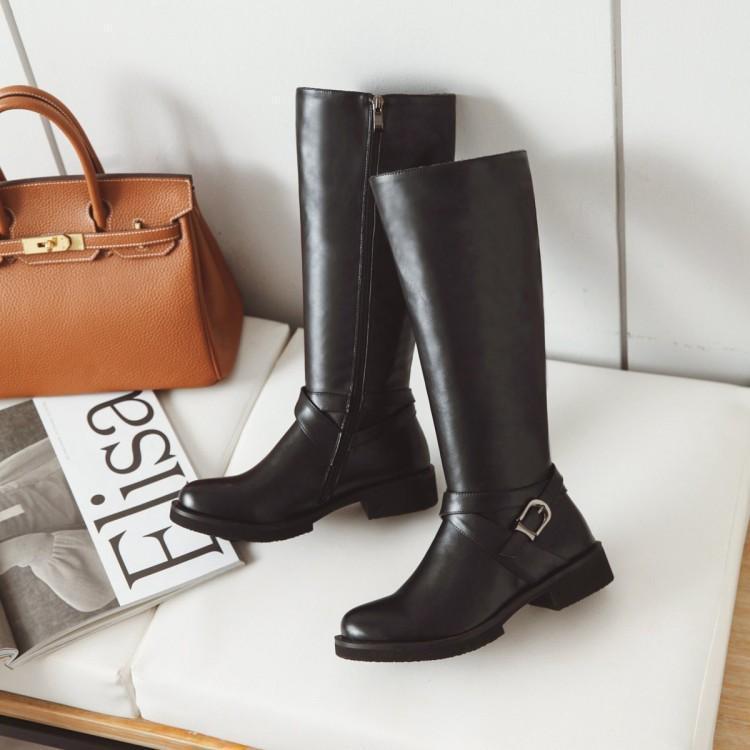 S4R-Womens Boots Shoes Flat Knee High Pu Leather Buckle Riding Calf