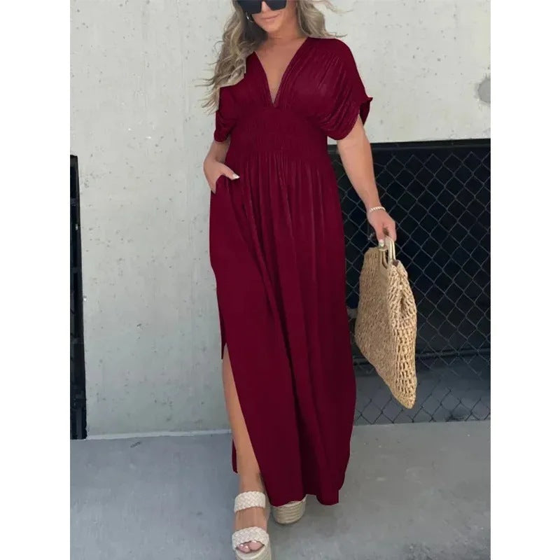 S4R-Fashion Bat-sleeved V-neck Slit Dress Summer Short Sleeve Elastic Waist Long Dresses Womens Clothing