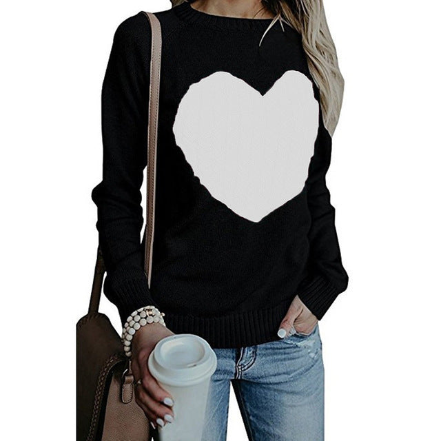 S4R-Autumn Winter Women Sweaters Heart Pattern Printed Long Sleeve Tops O-Neck Lovely Pullovers Knitted Loose Sweaters Tops