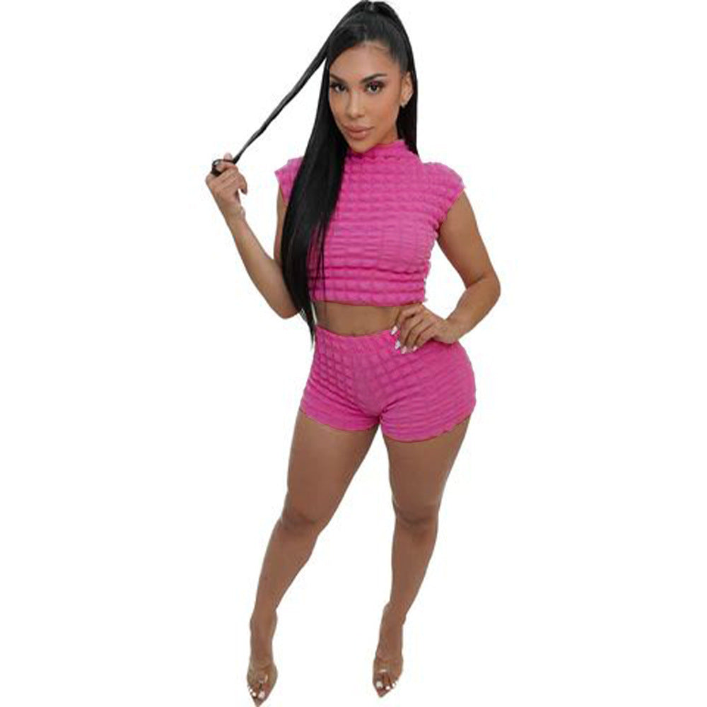 S4R-Women's Clothing Hot Sleeveless Midriff-baring Shorts Popcorn Bubble Two-piece Set