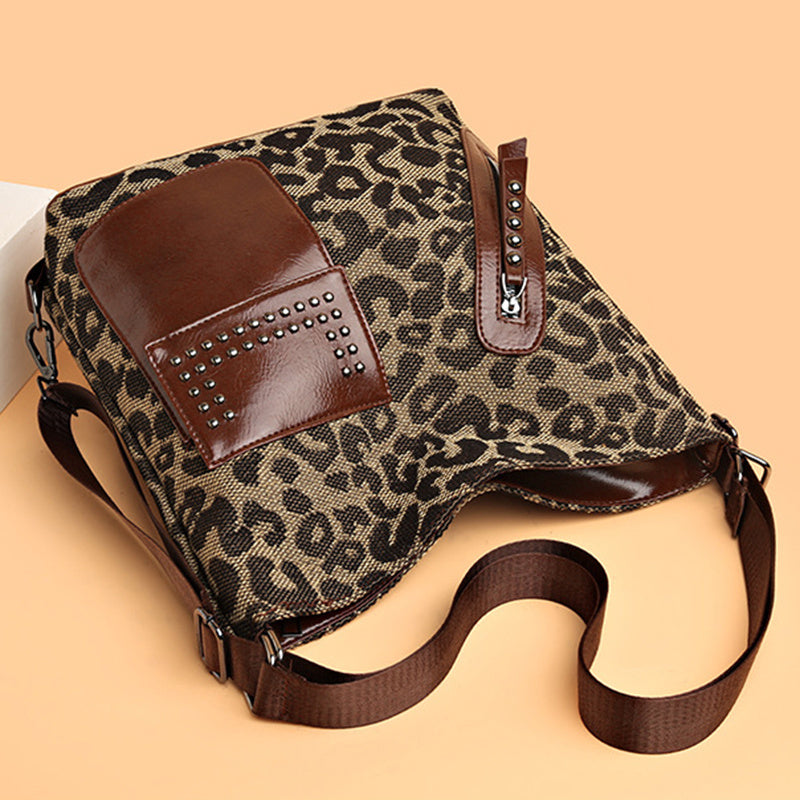 S4R-Houndstooth Backpack Women Fashion Rivet Design Leopard Shoulder Bags