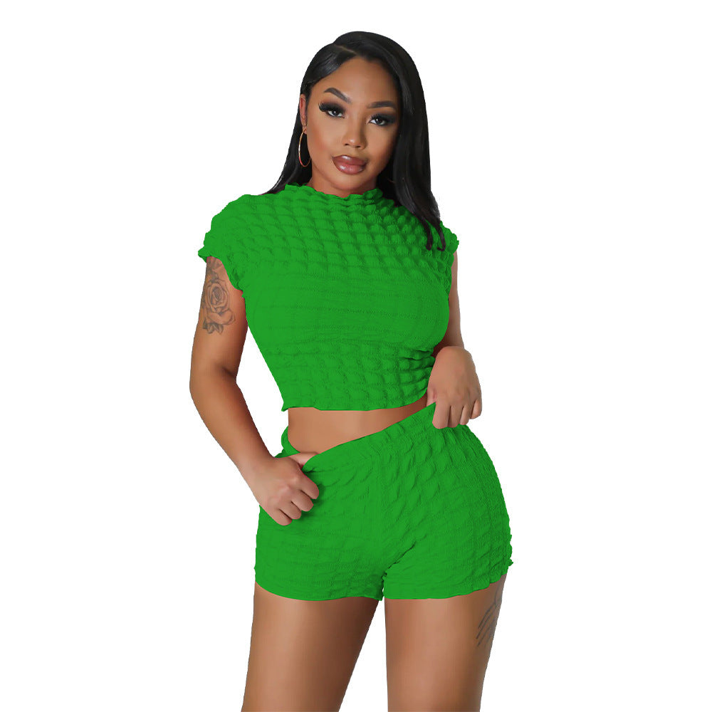 S4R-Women's Clothing Hot Sleeveless Midriff-baring Shorts Popcorn Bubble Two-piece Set