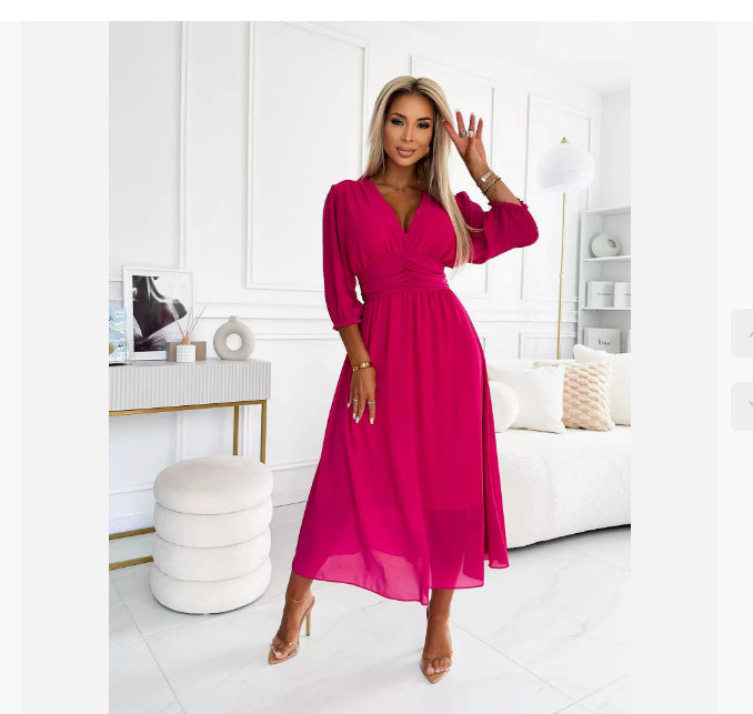 S4R- V-neck Waist-tight Long Sleeve Dress Fashion Slimming Skirt Solid Chiffon Dresses For Womens Clothing