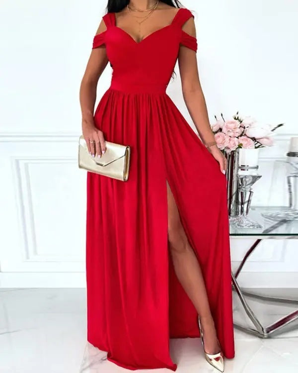 S4R-V-neck Boho Spaghetti Strap Dress Women Split Long Flowy Dresses For Party Beach
