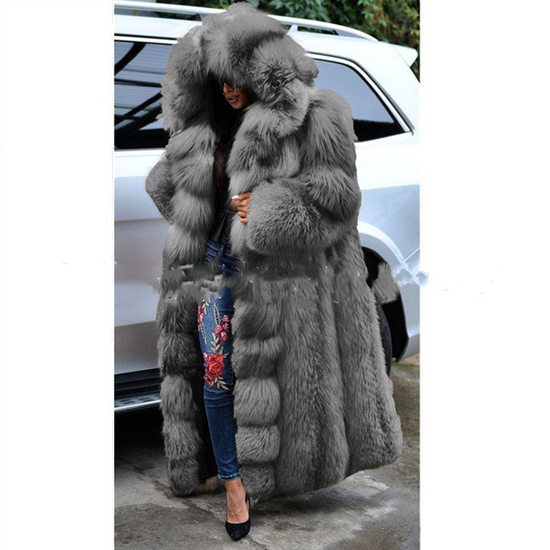 S4R-Faux Fur Coat Women Long Hooded Fur Coat
