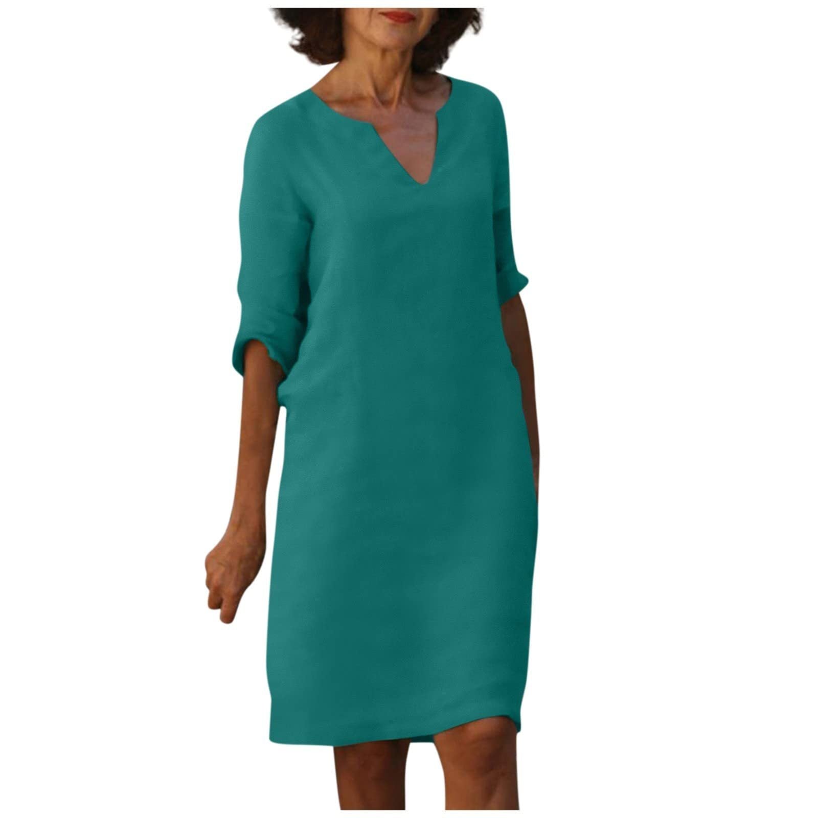 S4R-Cotton And Linen V-neck Dress Summer Stitching Retro High Waist Pure Color Dresses
