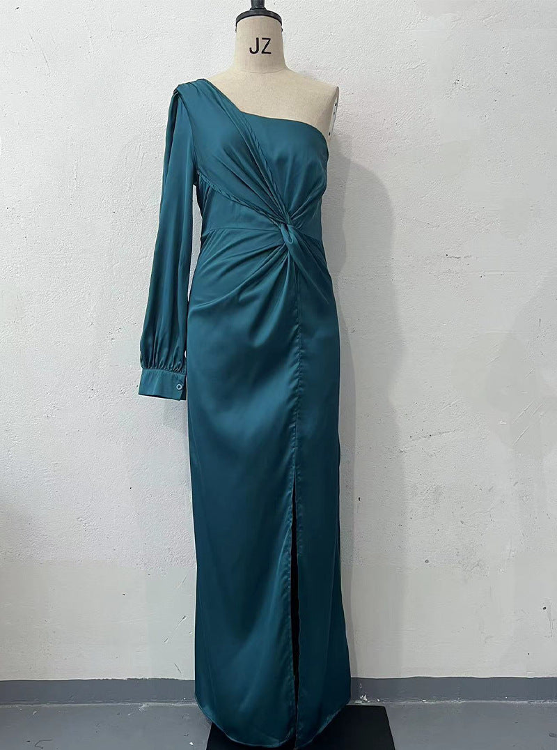 S4R-Women's One-shoulder Split Dress Ins Fashion Long-sleeved Slim Long Dresses Party Evening Clothing