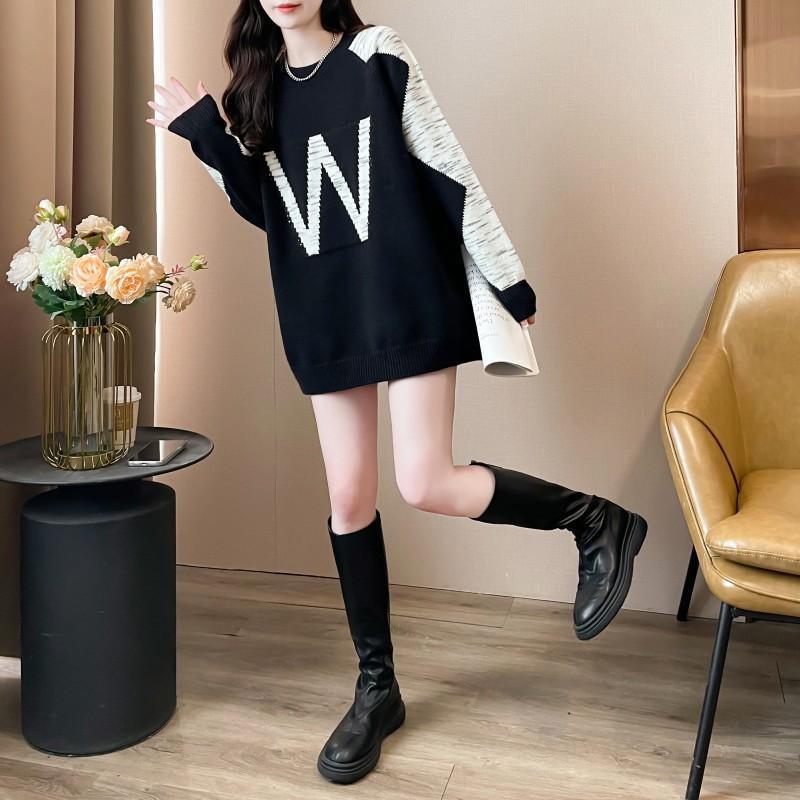 S4R-Contrast Color Letter Jacquard Crew Neck Pullover Sweater Women