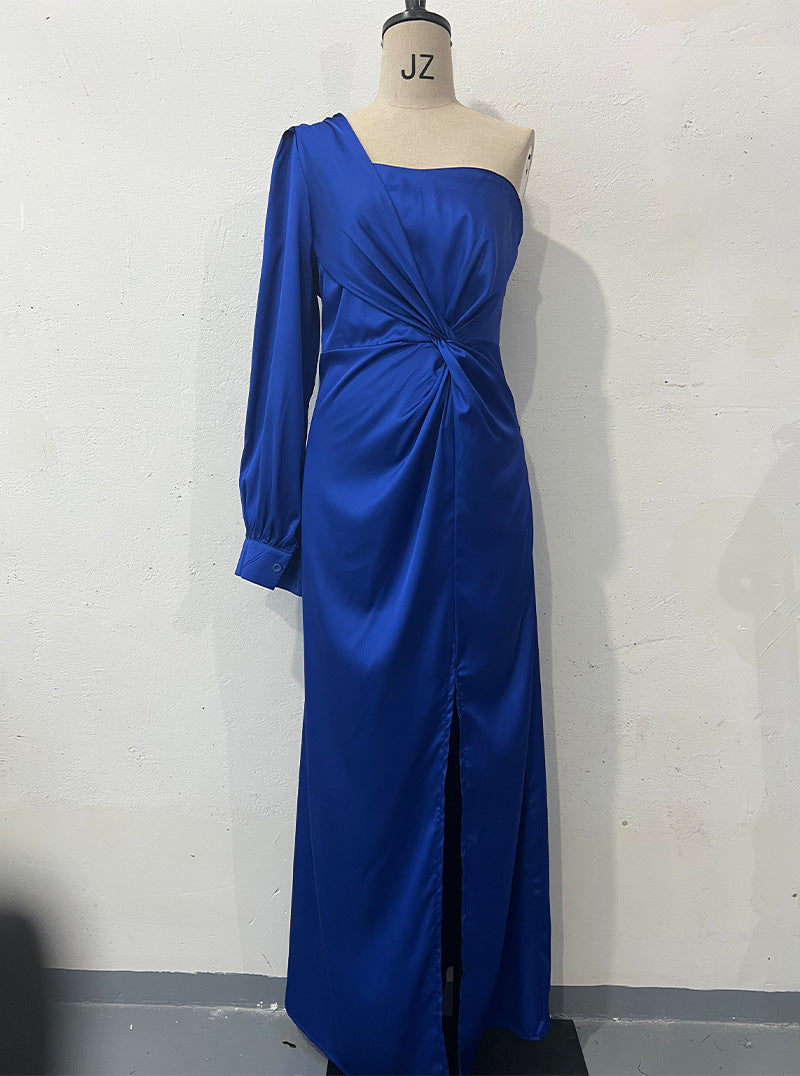 S4R-Women's One-shoulder Split Dress Ins Fashion Long-sleeved Slim Long Dresses Party Evening Clothing