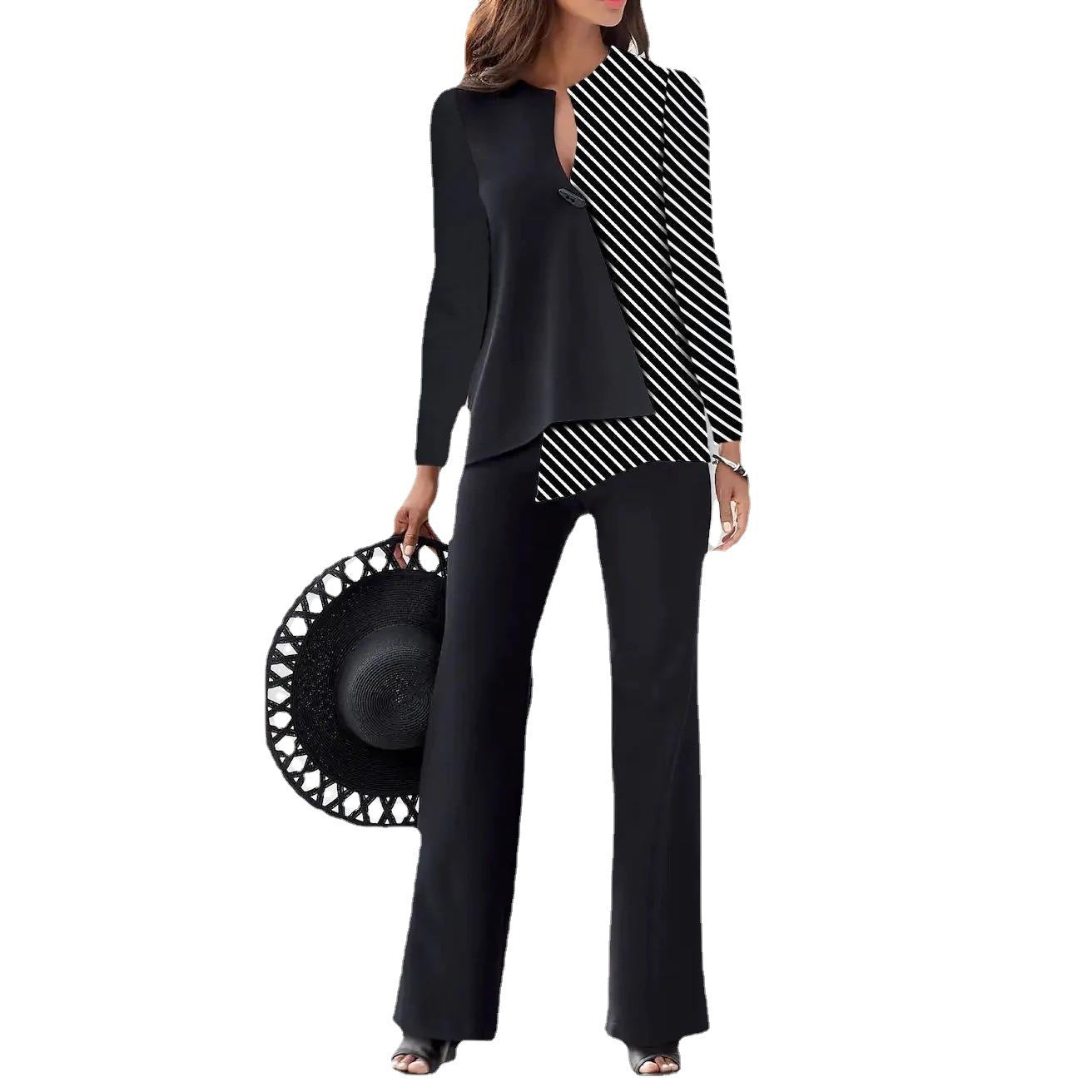 S4R-Women's Fashion Temperament Color Matching Loose Trousers Two-piece Suit
