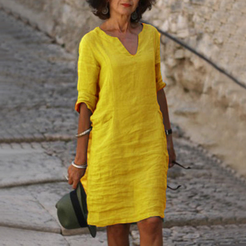 S4R-Cotton And Linen V-neck Dress Summer Stitching Retro High Waist Pure Color Dresses