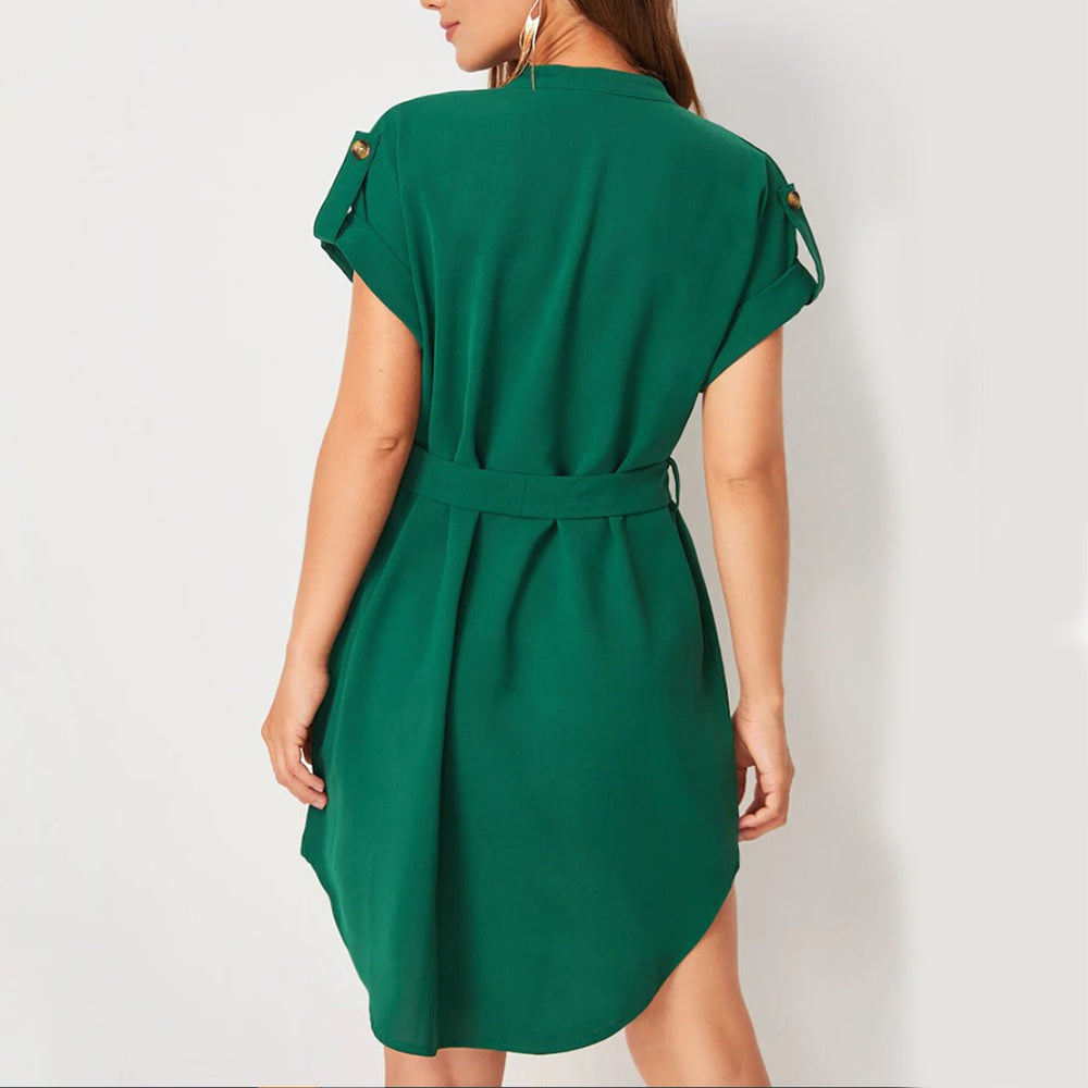S4R-V-neck Short Sleeve Dress With Belt Summer Fashion Bowknot Dresses For Women Clothing