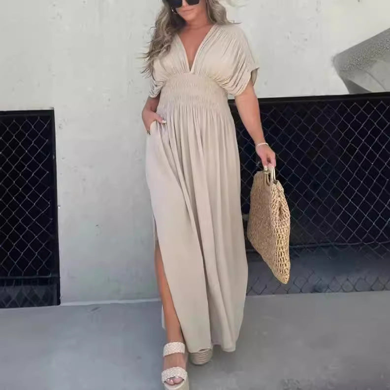 S4R-Fashion Bat-sleeved V-neck Slit Dress Summer Short Sleeve Elastic Waist Long Dresses Womens Clothing