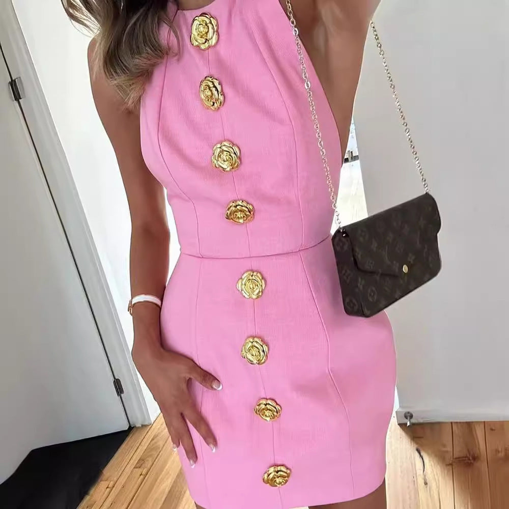 S4R-Sweet Sleeveless Backless Dress With Rose Button Design Summer Street Fashion Dresses Womens Clothing