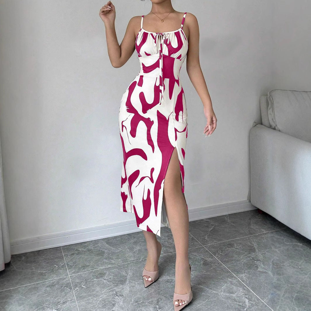 S4R-Summer Printed Suspender Split Dress Fashion Slim Lace-up Long Dresses For Women Clothing