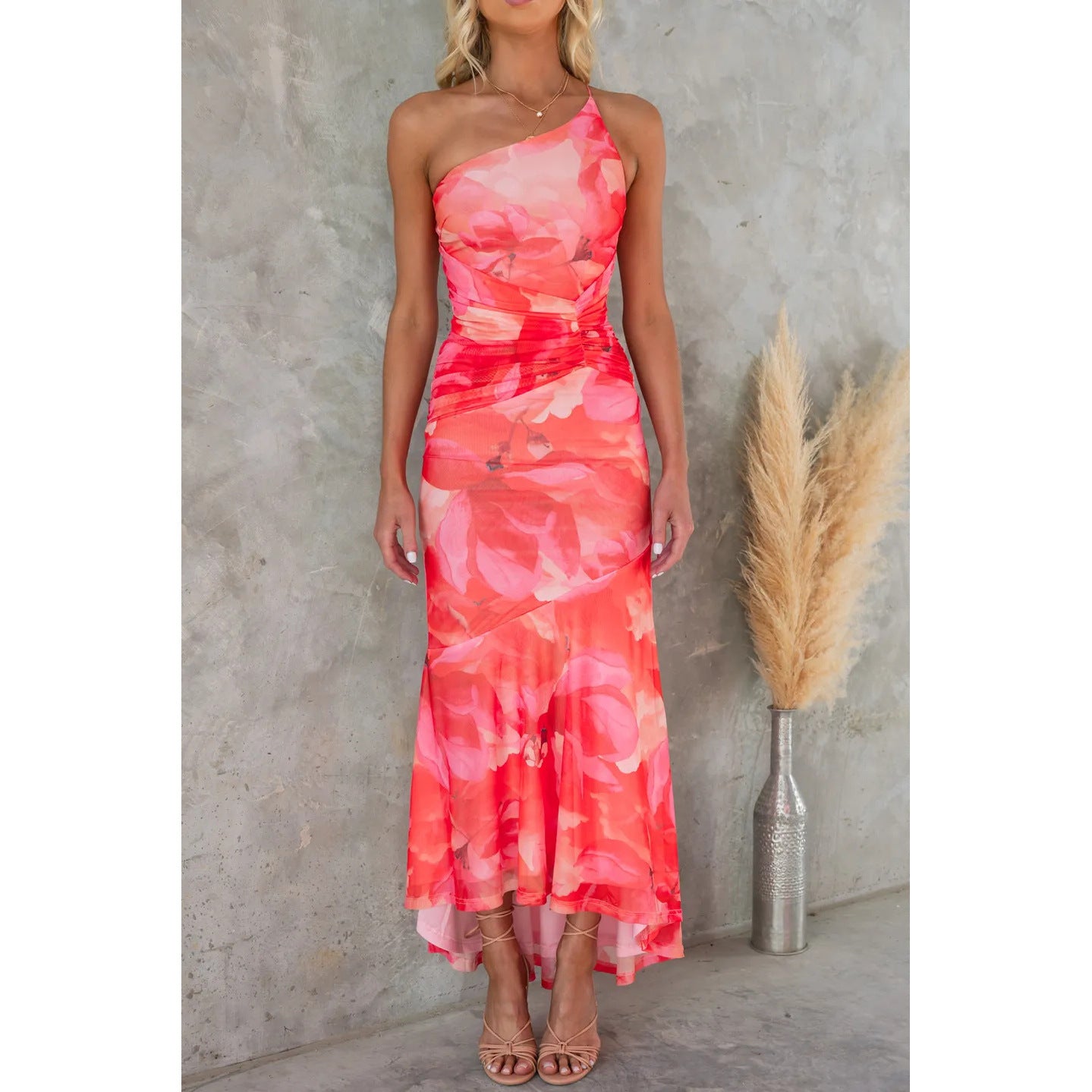 S4R-Flowers Print One-shoulder Dress Summer INS Casual Suspender Long Dresses Womens Clothing