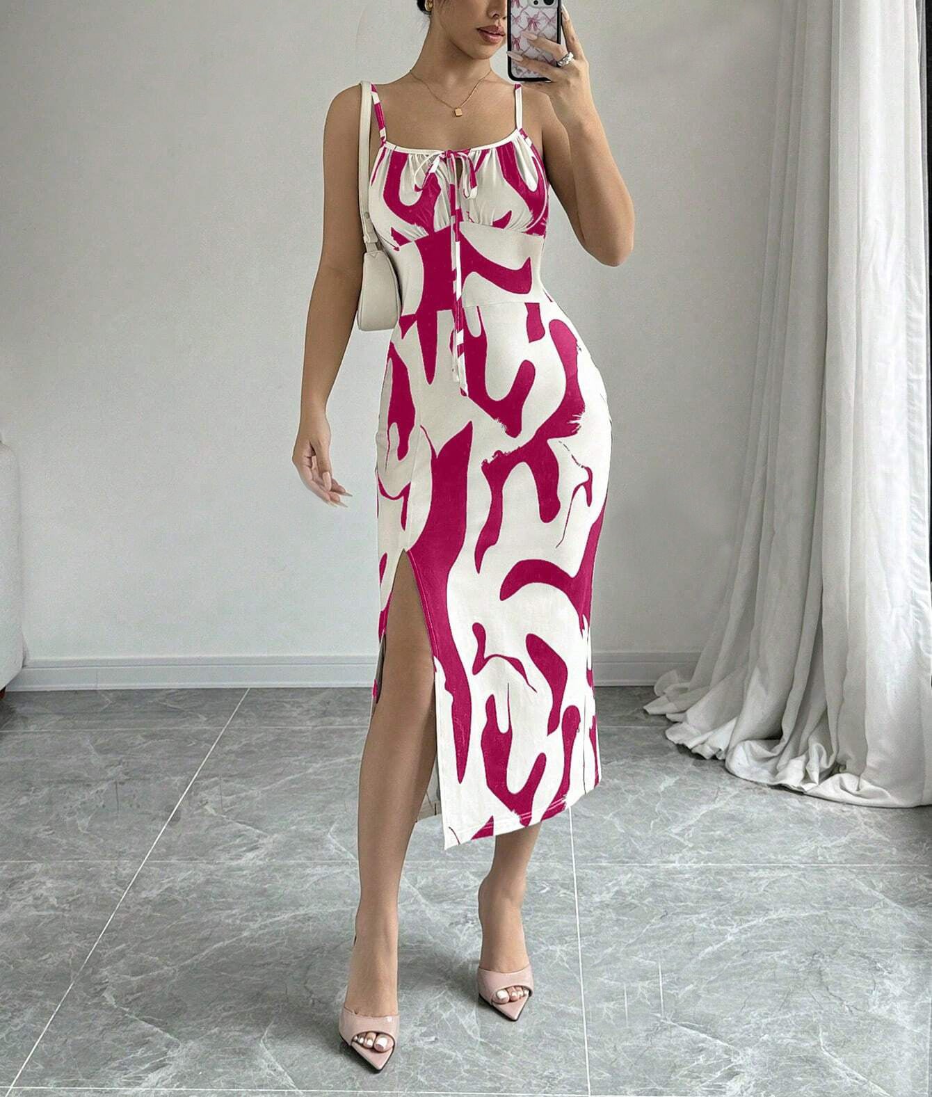 S4R-Summer Printed Suspender Split Dress Fashion Slim Lace-up Long Dresses For Women Clothing