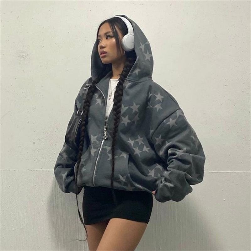 Stars Printed Zipper Hooded Cardigan Couple Fashion Outerwear Hoodies Sweatshirt Street Women Coat