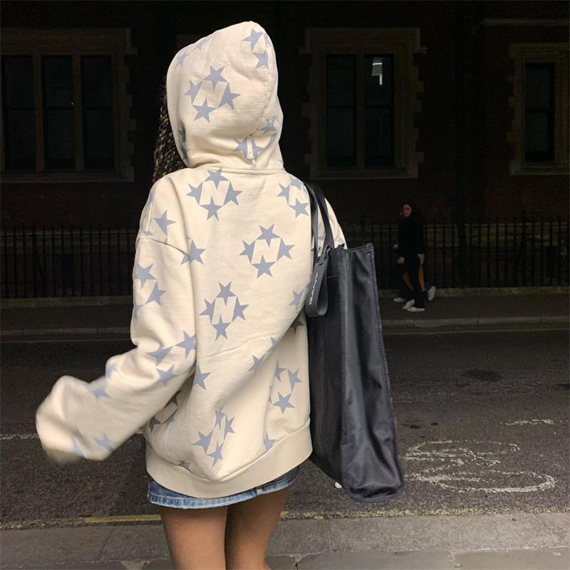 Stars Printed Zipper Hooded Cardigan Couple Fashion Outerwear Hoodies Sweatshirt Street Women Coat