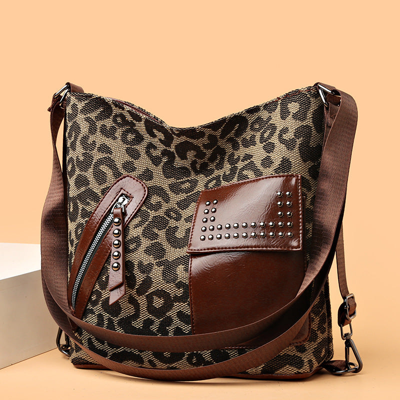 S4R-Houndstooth Backpack Women Fashion Rivet Design Leopard Shoulder Bags