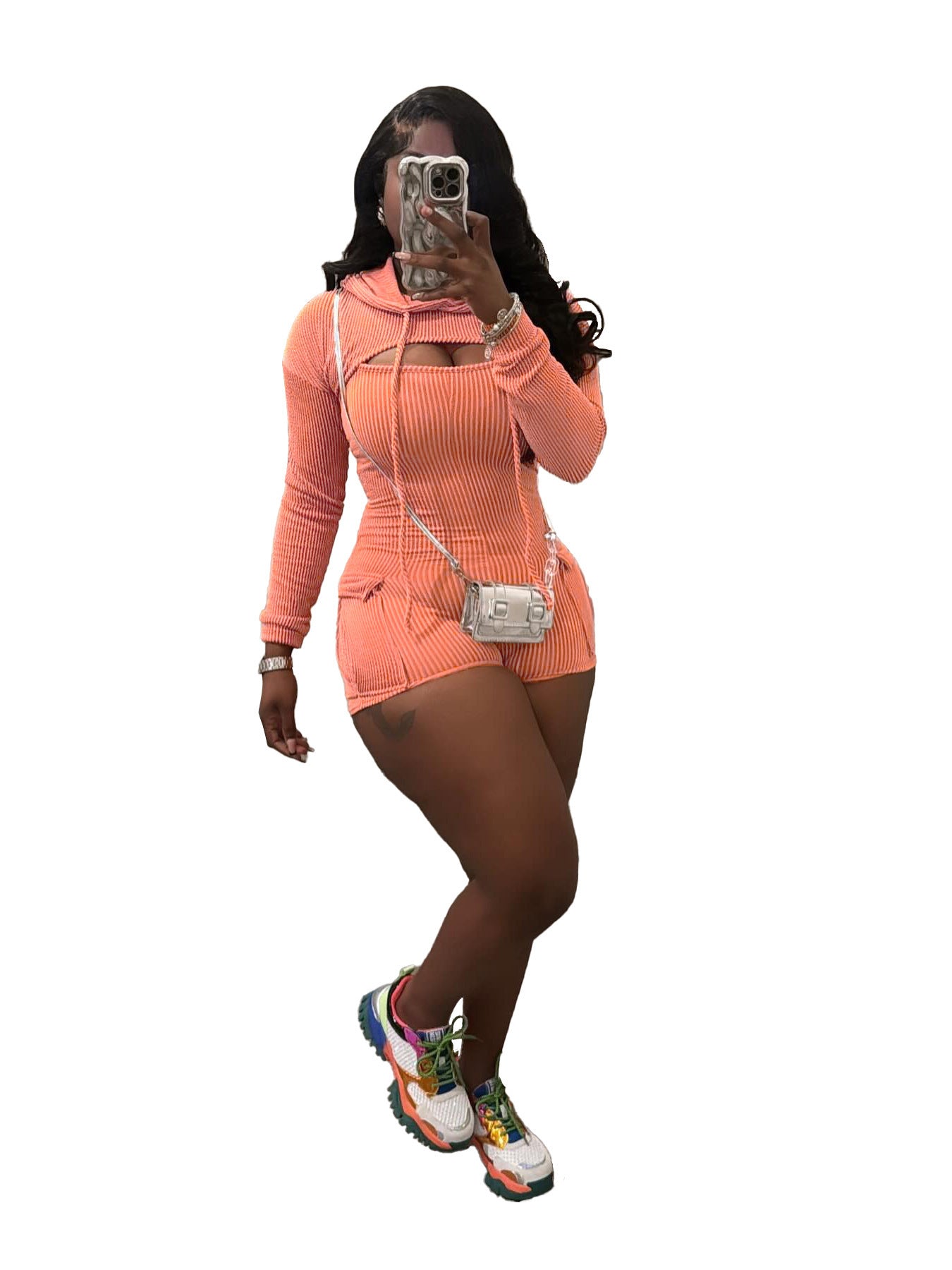 S4R-Women's Wear Long Sleeve Hooded Solid Color Suspender Tight One-piece Shorts Two-piece Set