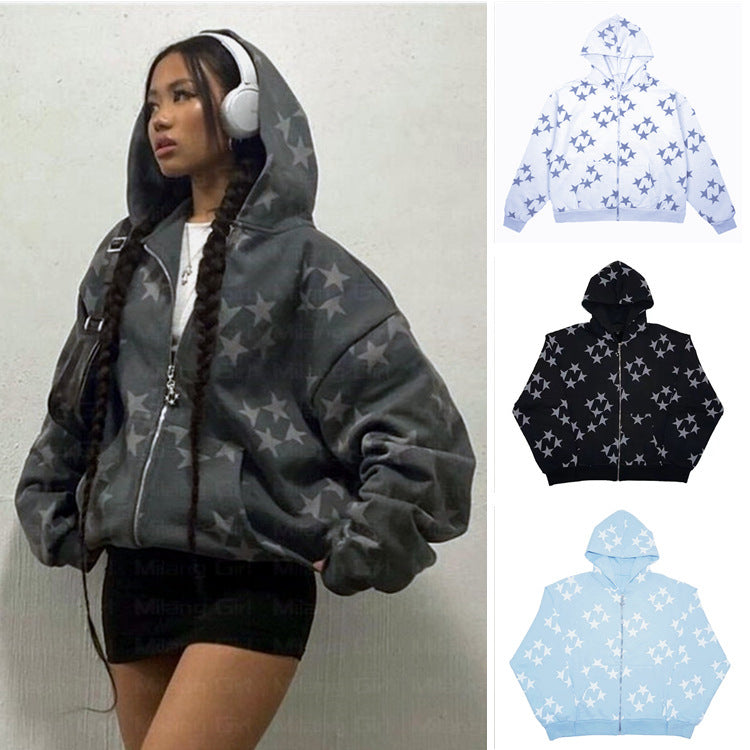 Stars Printed Zipper Hooded Cardigan Couple Fashion Outerwear Hoodies Sweatshirt Street Women Coat