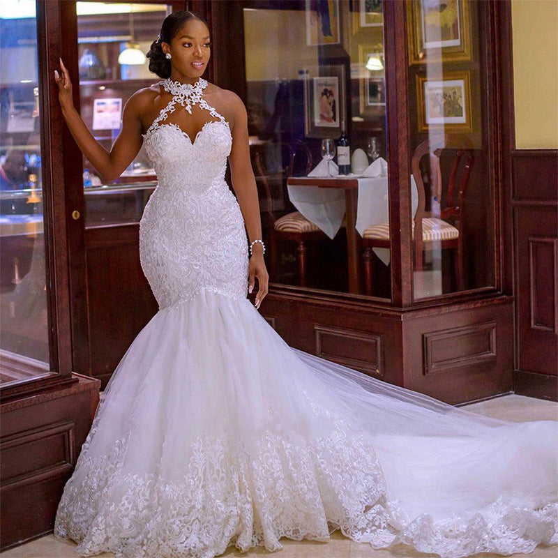 S4R-Vintage Lace Beaded Wedding Dresses Sheer Neck Mermaid Bridal Dresses Wedding Gowns