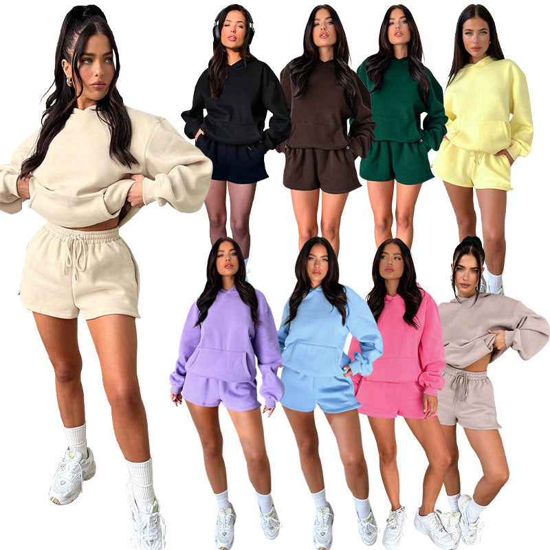 S4R-Solid Color Long Sleeve Hooded Sweaters Women's Clothing Two-piece Fashion