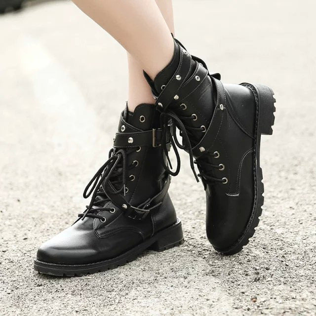 S4R-Martin Boots, Motorcycle Boots, Middle Heel Boots, Women's Army Boots