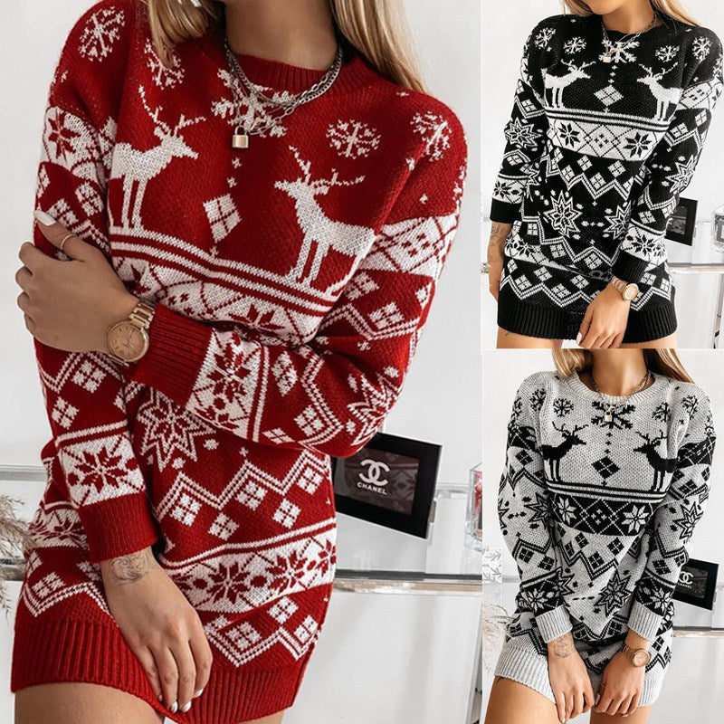 S4R-Elk Snowflake Christmas Jacquard Knitted Dress Long Knitted Sweaters