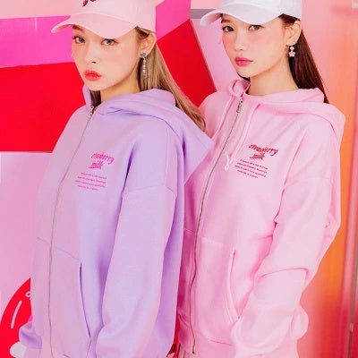 S4R-Strawberry Milk Cute Women's Casual Winter Long Sleeve Hoodies Sweatshirt Zipper Jacket Loose Style Pink & Lavendar