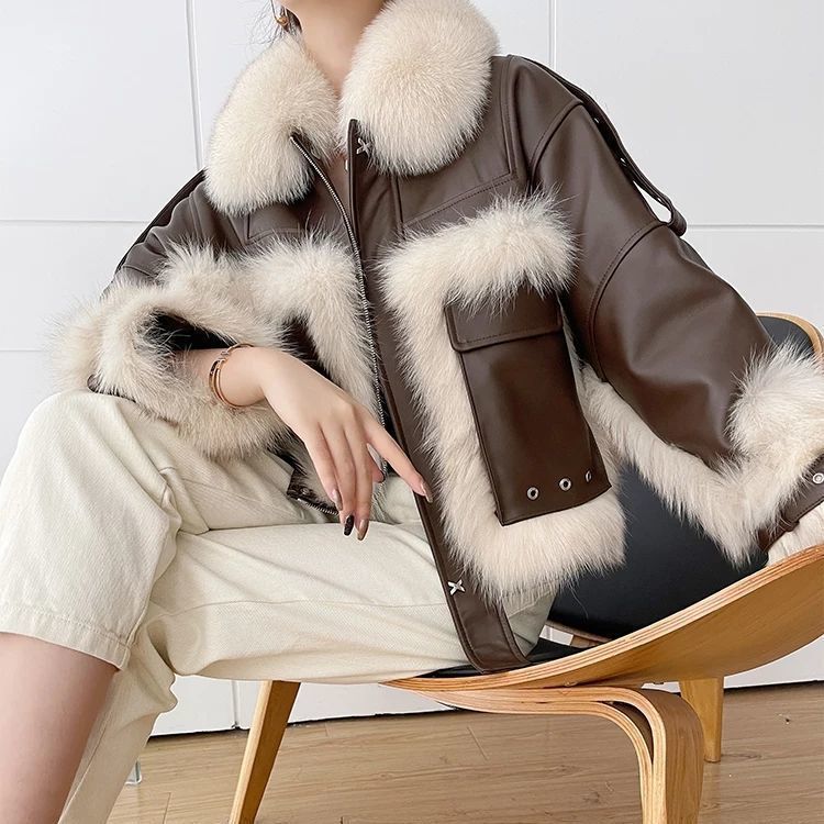 S4R-Sense Fox Fur Stitching Leather Coat