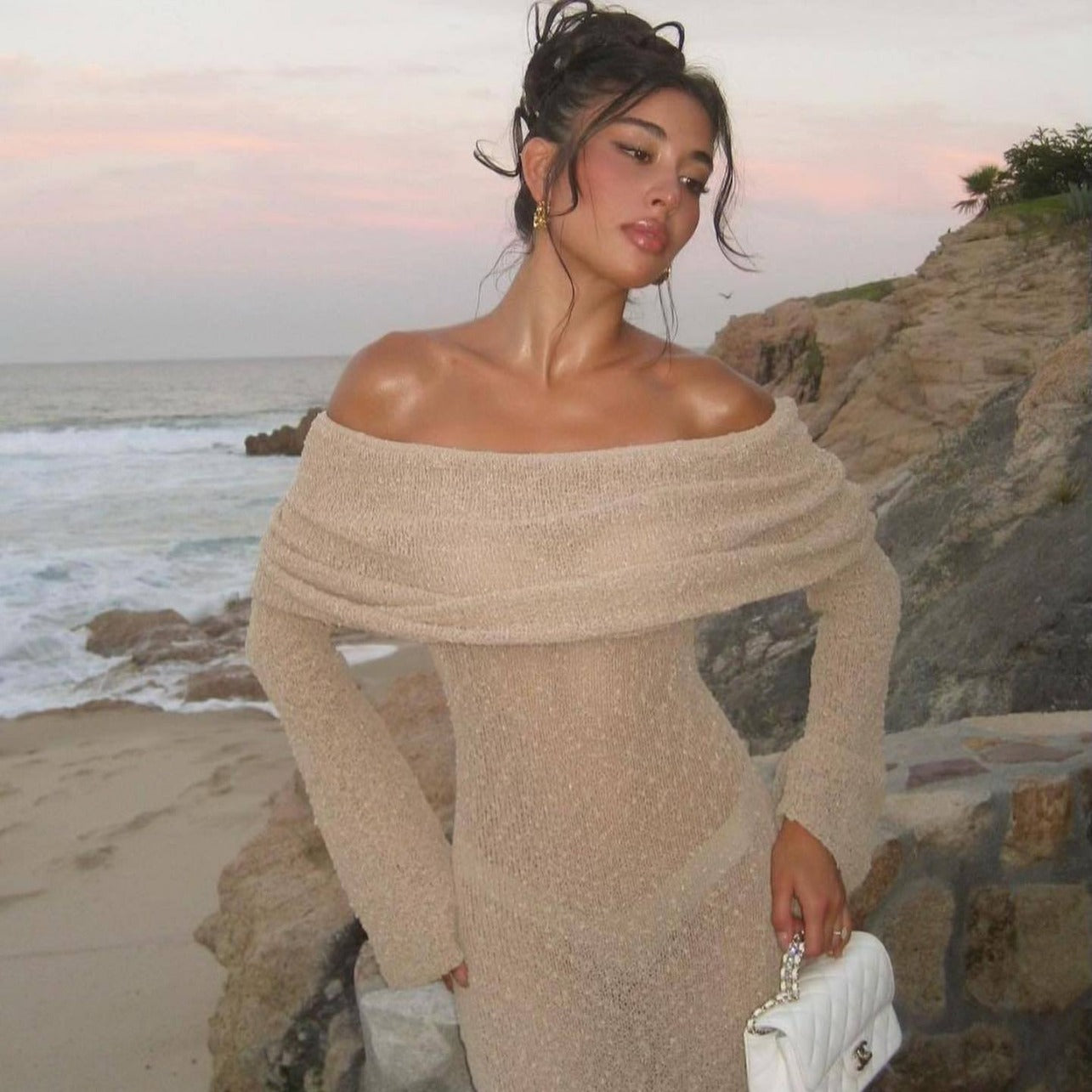 S4R-New One-shoulder Knitted Long-sleeved Dress Sexy Beach Holiday Long Dresses Womens Clothing