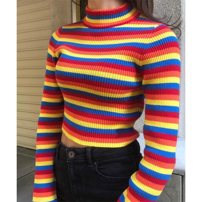 S4R-Long Sleeve Crew Neck Rainbow Striped Shape Sweater