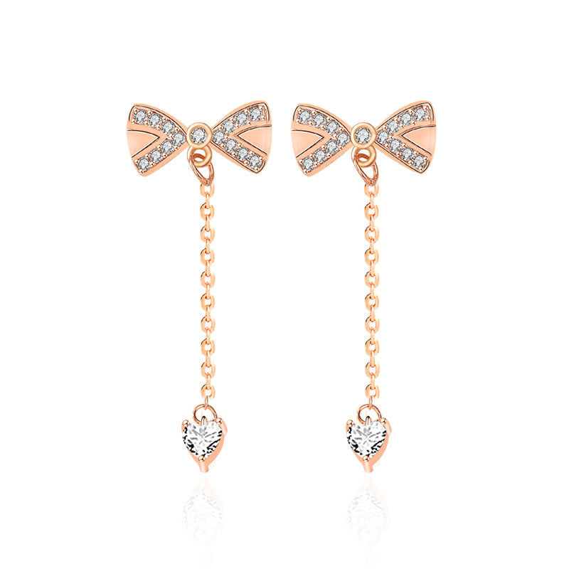 S4R-Sterling Silver Bowknot Tassel Simple Stud Earrings
