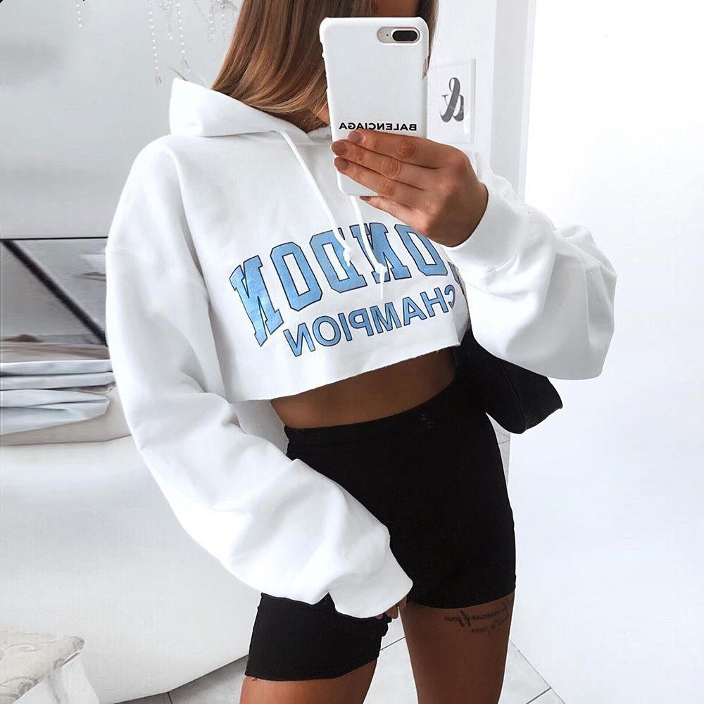 S4R-Long Sleeve Short Sweatshirt Blue Letter White Hooded Cropped Hoodies