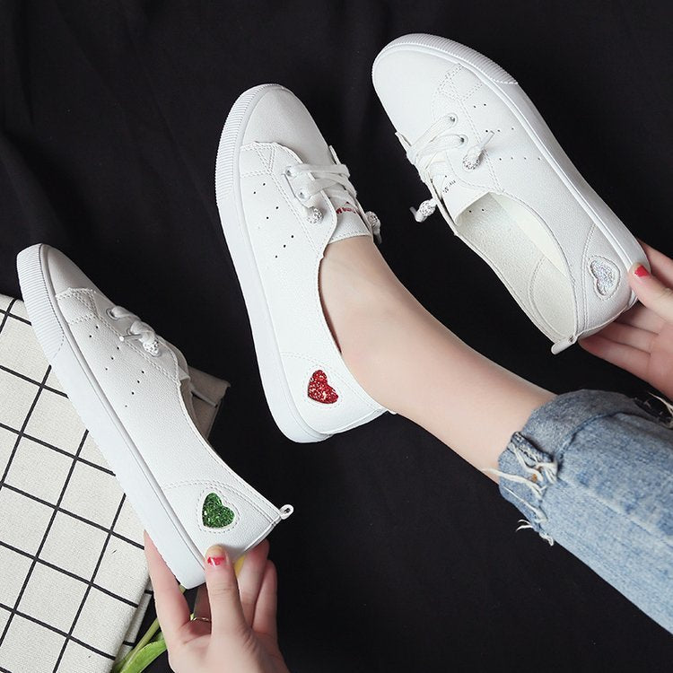 Womens Flat Sneakers Shoes Slip On Lace Up White Heart Cute