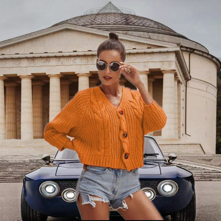 S4R-Autumn And Winter Button Solid Color Sweaters Short Loose
