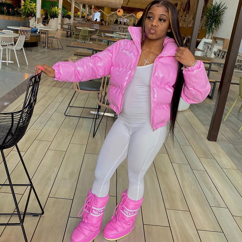 S4R-Sisterlinda Faux PU Leather Y2K Bubble Puffer Winter Warm Jacket Women Coats Long Sleeve Outerwear Zipper Casual Slim Parkas