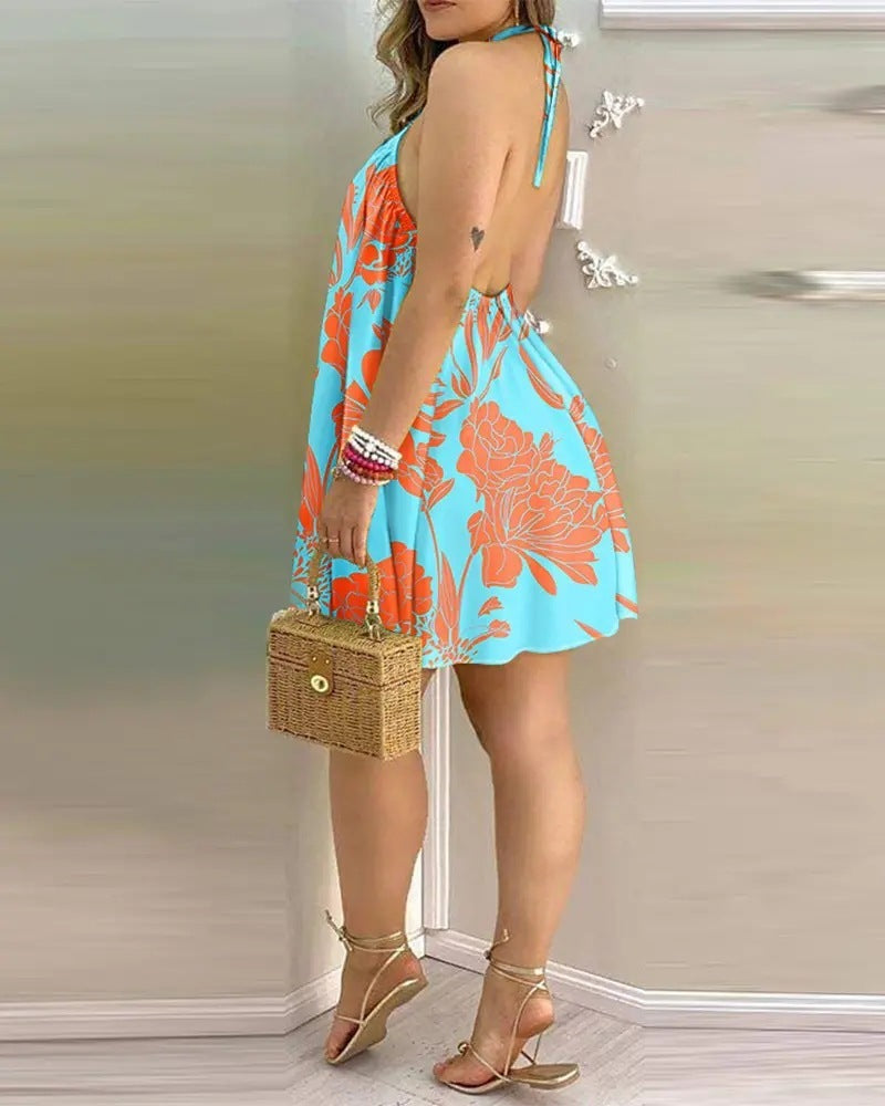 S4R-Printed Dress Summer Off-Shoulder Hanging Neck Sleeveless Sexy Dresses Women
