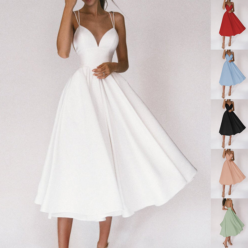 S4R-Sexy V-neck Suspender Dress Summer Fashion A-Line Long Dresses For Women