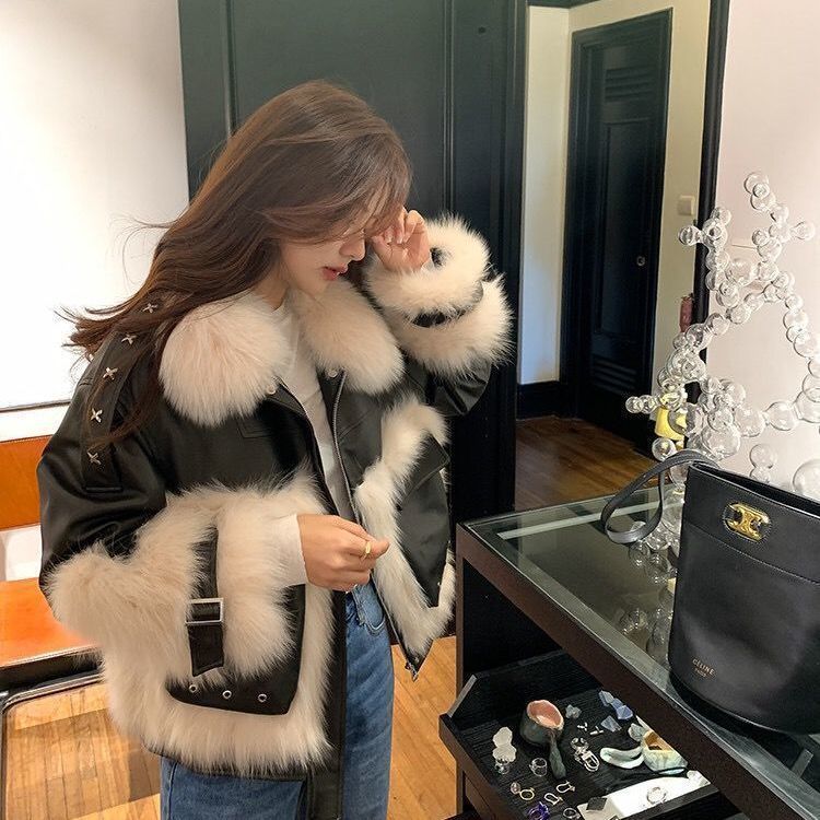S4R-Sense Fox Fur Stitching Leather Coat