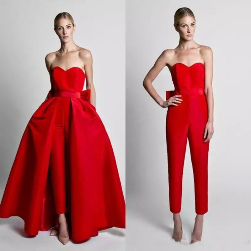 S4R-Red Jumpsuit Evening Dresses With
