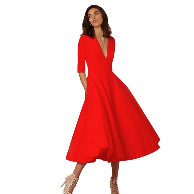 S4R-V-neck Dresses - Retro 60s Swing Sleeve