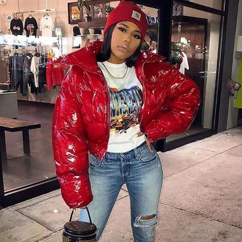 S4R-Sisterlinda Faux PU Leather Y2K Bubble Puffer Winter Warm Jacket Women Coats Long Sleeve Outerwear Zipper Casual Slim Parkas