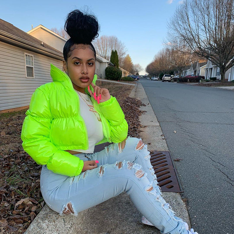 S4R-Sisterlinda Faux PU Leather Y2K Bubble Puffer Winter Warm Jacket Women Coats Long Sleeve Outerwear Zipper Casual Slim Parkas
