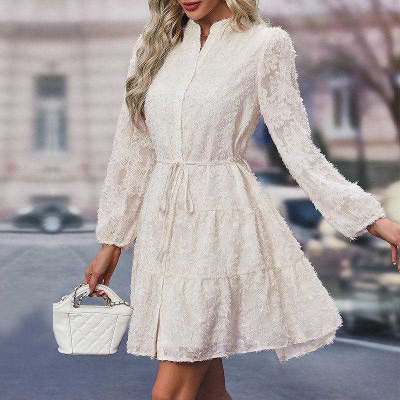 S4R-Lace Tied Long Sleeve Dress Fashion Medium Length Dresses Women's Clothing