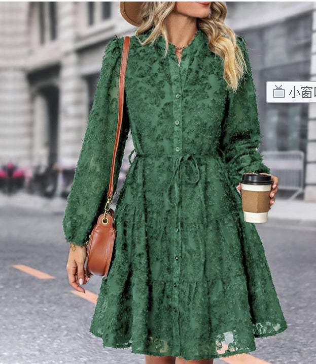 S4R-Lace Tied Long Sleeve Dress Fashion Medium Length Dresses Women's Clothing